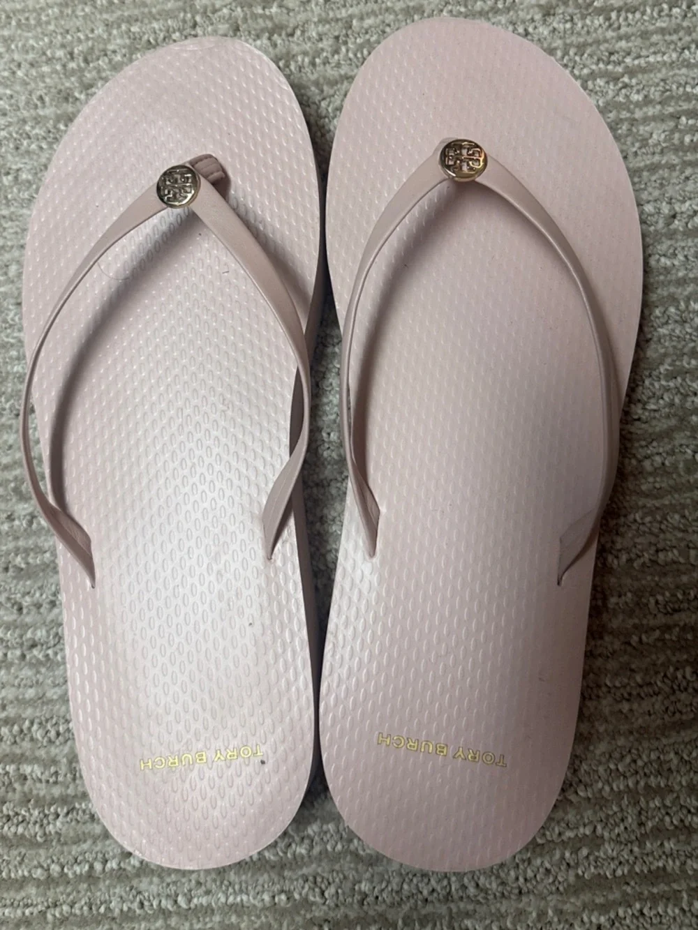 Tory Burch Pale Pink Gold Logo 1” heel Flip Flops